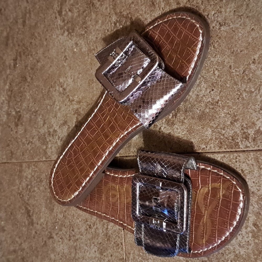 Sam Edelman Metallic Brown Croc-Embossed Slide Sandals